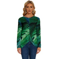 Tropical Green Leaves Background Long Sleeve Crew Neck Pullover Top by Amaryn4rt