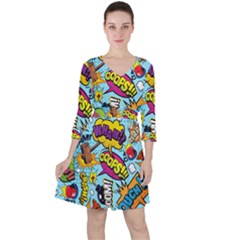 Comic Elements Colorful Seamless Pattern Quarter Sleeve Ruffle Waist Dress by Amaryn4rt