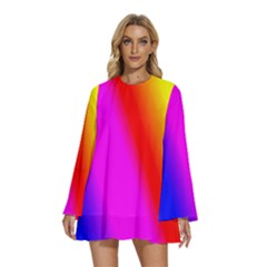 Multi-color-rainbow-background Round Neck Long Sleeve Bohemian Style Chiffon Mini Dress by Amaryn4rt