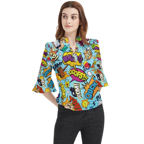 Comic Elements Colorful Seamless Pattern Loose Horn Sleeve Chiffon Blouse by Amaryn4rt