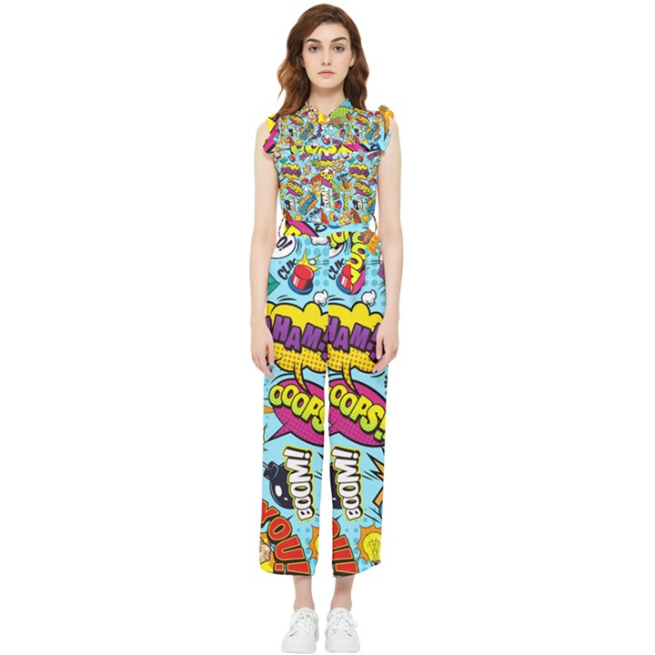 Comic Elements Colorful Seamless Pattern Women s Frill Top Chiffon Jumpsuit