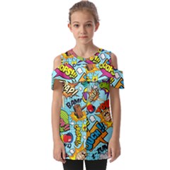 Comic Elements Colorful Seamless Pattern Fold Over Open Sleeve Top by Amaryn4rt