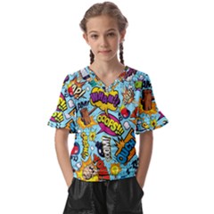 Comic Elements Colorful Seamless Pattern Kids  V-neck Horn Sleeve Blouse by Amaryn4rt