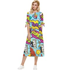 Comic Elements Colorful Seamless Pattern Bow Sleeve Chiffon Midi Dress by Amaryn4rt