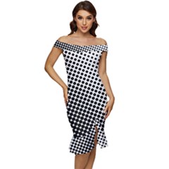 Background-wallpaper-texture-lines Dot Dots Black White Off Shoulder Ruffle Split Hem Bodycon Dress