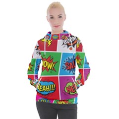 Pop Art Comic Vector Speech Cartoon Bubbles Popart Style With Humor Text Boom Bang Bubbling Expressi Women s Hooded Pullover by Amaryn4rt