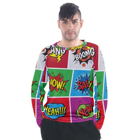 Pop Art Comic Vector Speech Cartoon Bubbles Popart Style With Humor Text Boom Bang Bubbling Expressi Men s Long Sleeve Raglan T-shirt by Amaryn4rt