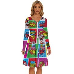 Pop Art Comic Vector Speech Cartoon Bubbles Popart Style With Humor Text Boom Bang Bubbling Expressi Long Sleeve Dress With Pocket by Amaryn4rt