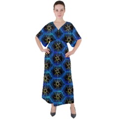 Blue Bee Hive Pattern V-neck Boho Style Maxi Dress by Amaryn4rt