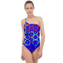 Blue Bee Hive Pattern Classic One Shoulder Swimsuit