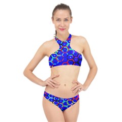 Blue Bee Hive Pattern High Neck Bikini Set by Amaryn4rt