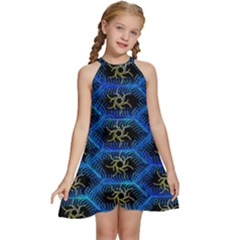 Blue Bee Hive Pattern Kids  Halter Collar Waist Tie Chiffon Dress by Amaryn4rt