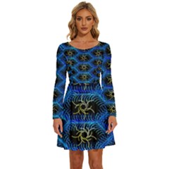 Blue Bee Hive Pattern Long Sleeve Wide Neck Velvet Dress by Amaryn4rt