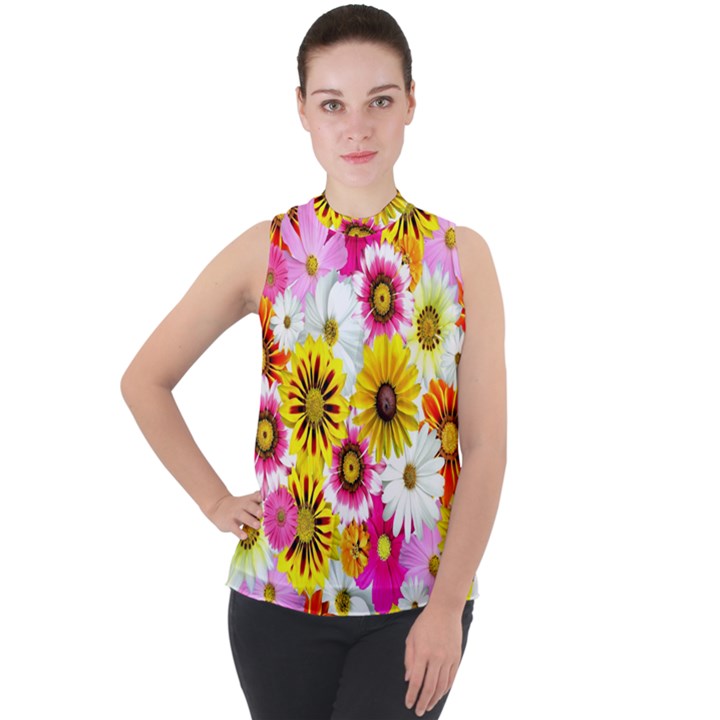 Flowers Blossom Bloom Nature Plant Mock Neck Chiffon Sleeveless Top