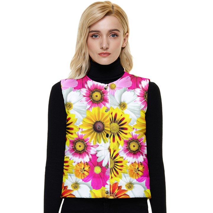 Flowers Blossom Bloom Nature Plant Women s Button Up Puffer Vest