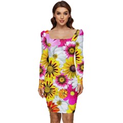 Flowers Blossom Bloom Nature Plant Women Long Sleeve Ruched Stretch Jersey Dress by Amaryn4rt