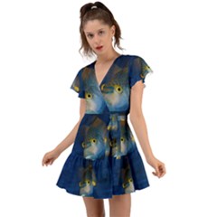 Fish Blue Animal Water Nature Flutter Sleeve Wrap Dress by Amaryn4rt