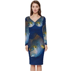 Fish Blue Animal Water Nature Long Sleeve V-neck Bodycon Dress  by Amaryn4rt