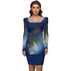 Fish Blue Animal Water Nature Women Long Sleeve Ruched Stretch Jersey Dress by Amaryn4rt