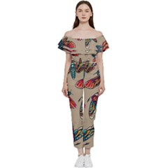 Tattoos Colorful Seamless Pattern Bardot Ruffle Jumpsuit