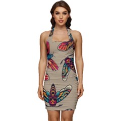 Tattoos Colorful Seamless Pattern Sleeveless Wide Square Neckline Ruched Bodycon Dress by Amaryn4rt