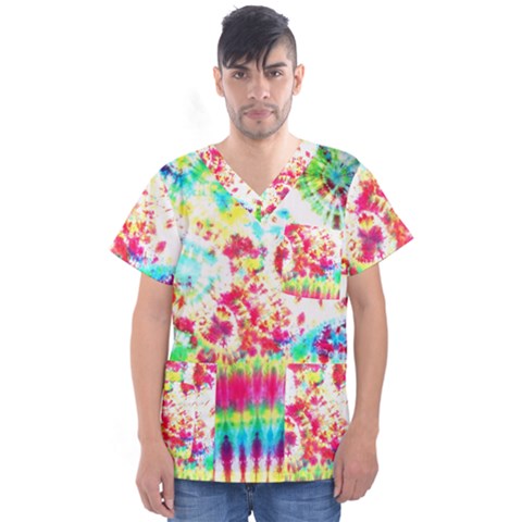 Pattern Decorated Schoolbus Tie Dye Men s V-neck Scrub Top by Amaryn4rt