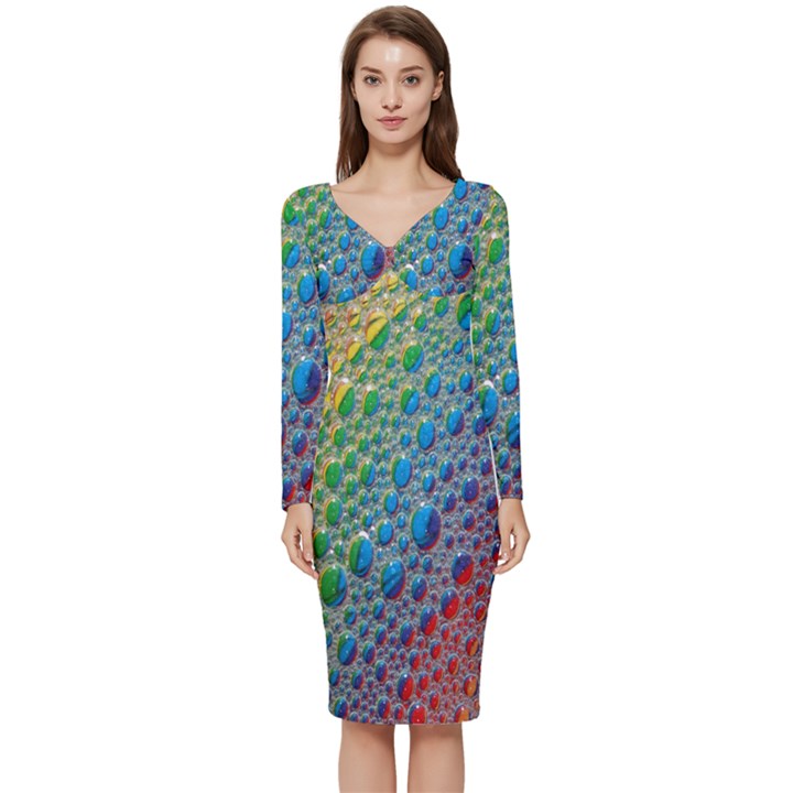 Bubbles Rainbow Colourful Colors Long Sleeve V-Neck Bodycon Dress 