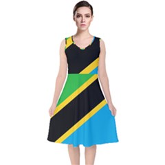 Flag Of Tanzania V-neck Midi Sleeveless Dress  by Amaryn4rt