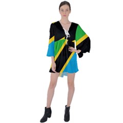 Flag Of Tanzania V-neck Flare Sleeve Mini Dress by Amaryn4rt