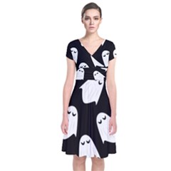 Ghost Halloween Pattern Short Sleeve Front Wrap Dress by Amaryn4rt