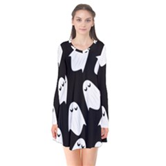 Ghost Halloween Pattern Long Sleeve V-neck Flare Dress by Amaryn4rt