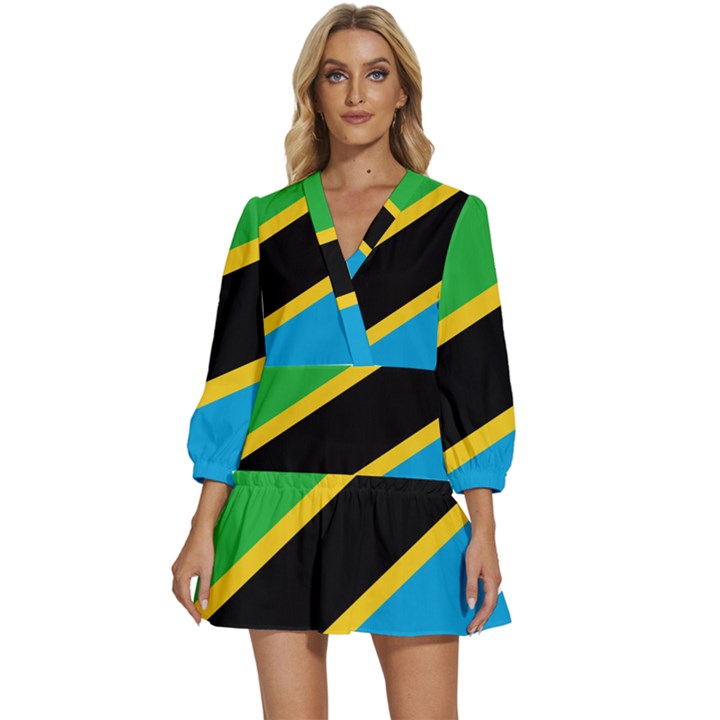 Flag Of Tanzania V-Neck Placket Mini Dress