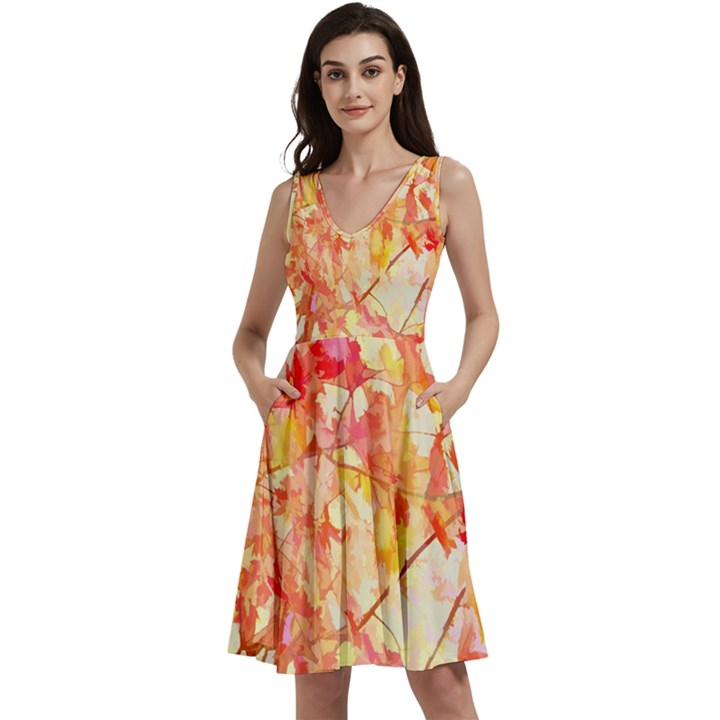 Monotype Art Pattern Leaves Colored Autumn Sleeveless V-Neck Skater Dress with Pockets