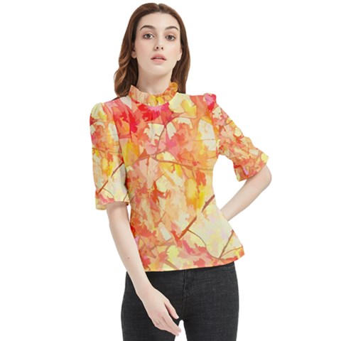 Monotype Art Pattern Leaves Colored Autumn Frill Neck Blouse by Amaryn4rt