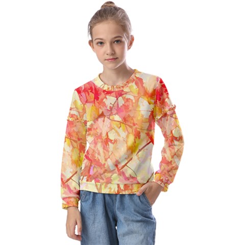 Monotype Art Pattern Leaves Colored Autumn Kids  Long Sleeve T-shirt With Frill  by Amaryn4rt