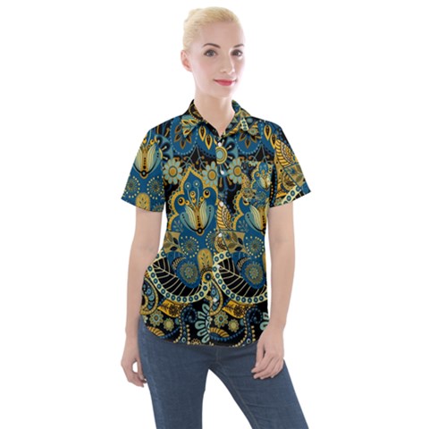 Retro Ethnic Background Pattern Vector Women s Short Sleeve Pocket Shirt by Amaryn4rt