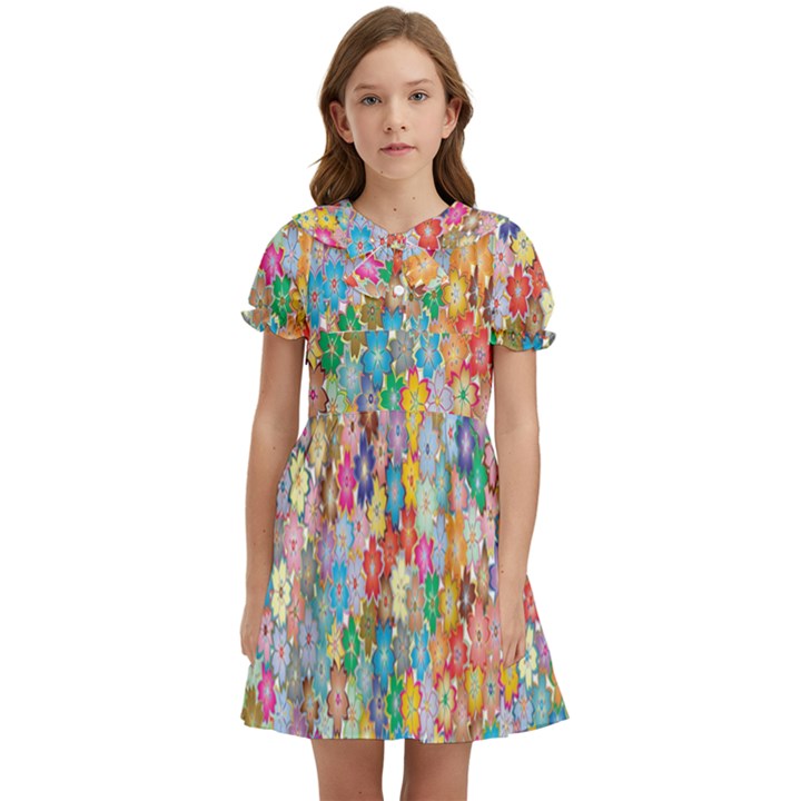 Monotype Art Pattern Leaves Colored Autumn Kids  Bow Tie Puff Sleeve Dress