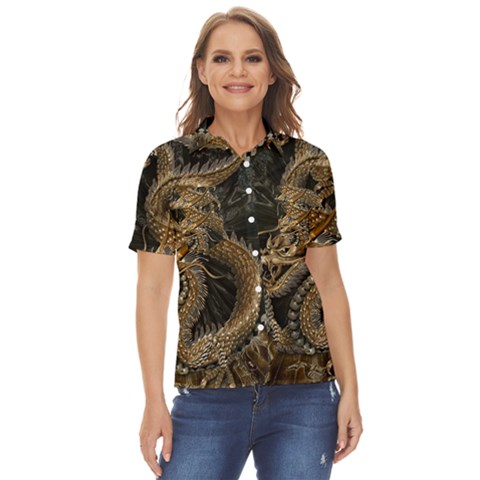 Dragon Pentagram Women s Short Sleeve Double Pocket Shirt by Amaryn4rt