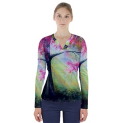 Forests Stunning Glimmer Paintings Sunlight Blooms Plants Love Seasons Traditional Art Flowers Sunsh V-neck Long Sleeve Top by Amaryn4rt