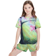 Forests Stunning Glimmer Paintings Sunlight Blooms Plants Love Seasons Traditional Art Flowers Sunsh Kids  T-shirt And Sports Shorts Set by Amaryn4rt