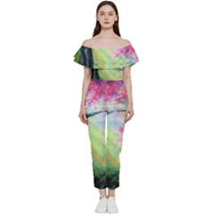 Forests Stunning Glimmer Paintings Sunlight Blooms Plants Love Seasons Traditional Art Flowers Sunsh Bardot Ruffle Jumpsuit by Amaryn4rt