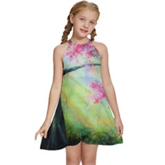 Forests Stunning Glimmer Paintings Sunlight Blooms Plants Love Seasons Traditional Art Flowers Sunsh Kids  Halter Collar Waist Tie Chiffon Dress