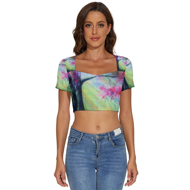 Forests Stunning Glimmer Paintings Sunlight Blooms Plants Love Seasons Traditional Art Flowers Sunsh Short Sleeve Square Neckline Crop Top 