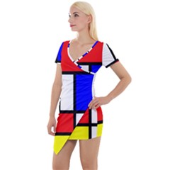 Mondrian-red-blue-yellow Short Sleeve Asymmetric Mini Dress by Amaryn4rt