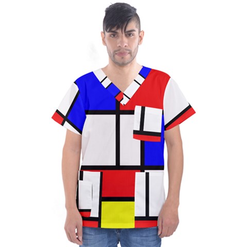 Mondrian-red-blue-yellow Men s V-neck Scrub Top by Amaryn4rt