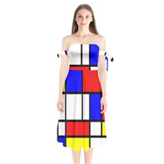 Mondrian-red-blue-yellow Shoulder Tie Bardot Midi Dress by Amaryn4rt