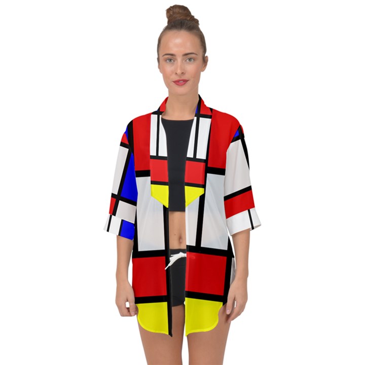 Mondrian-red-blue-yellow Open Front Chiffon Kimono