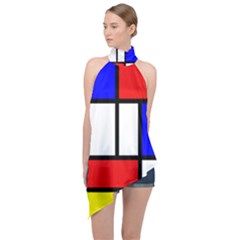 Mondrian-red-blue-yellow Halter Asymmetric Satin Top by Amaryn4rt