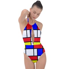 Mondrian-red-blue-yellow Plunge Cut Halter Swimsuit by Amaryn4rt