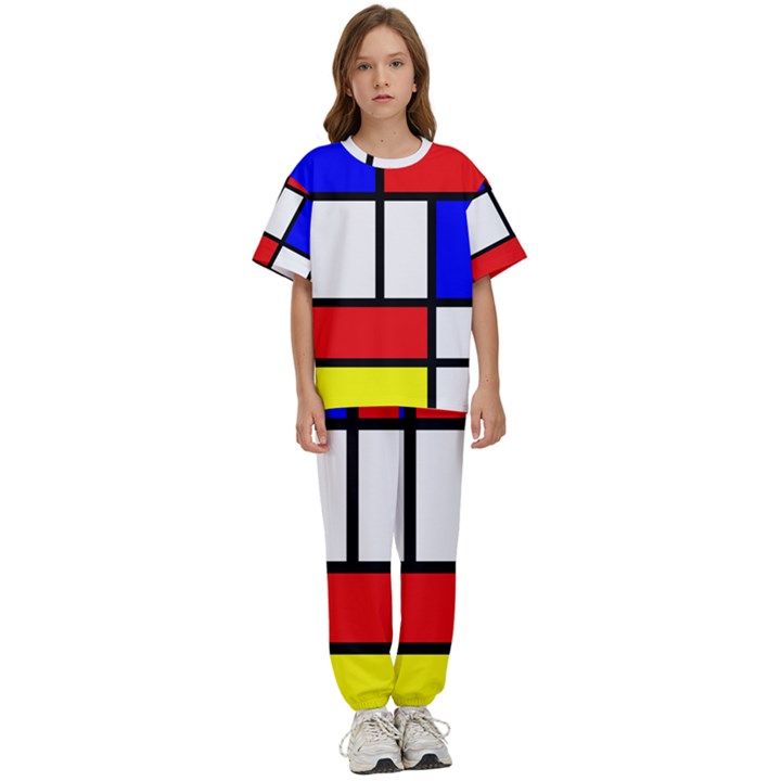 Mondrian-red-blue-yellow Kids  T-Shirt and Pants Sports Set